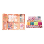 The peach Crush Everything's Fine Pill and Vitamin Case full of pills and next to its display box.