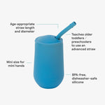 The features of the EZPZ Blue Cup + Straw System for Toddlers.