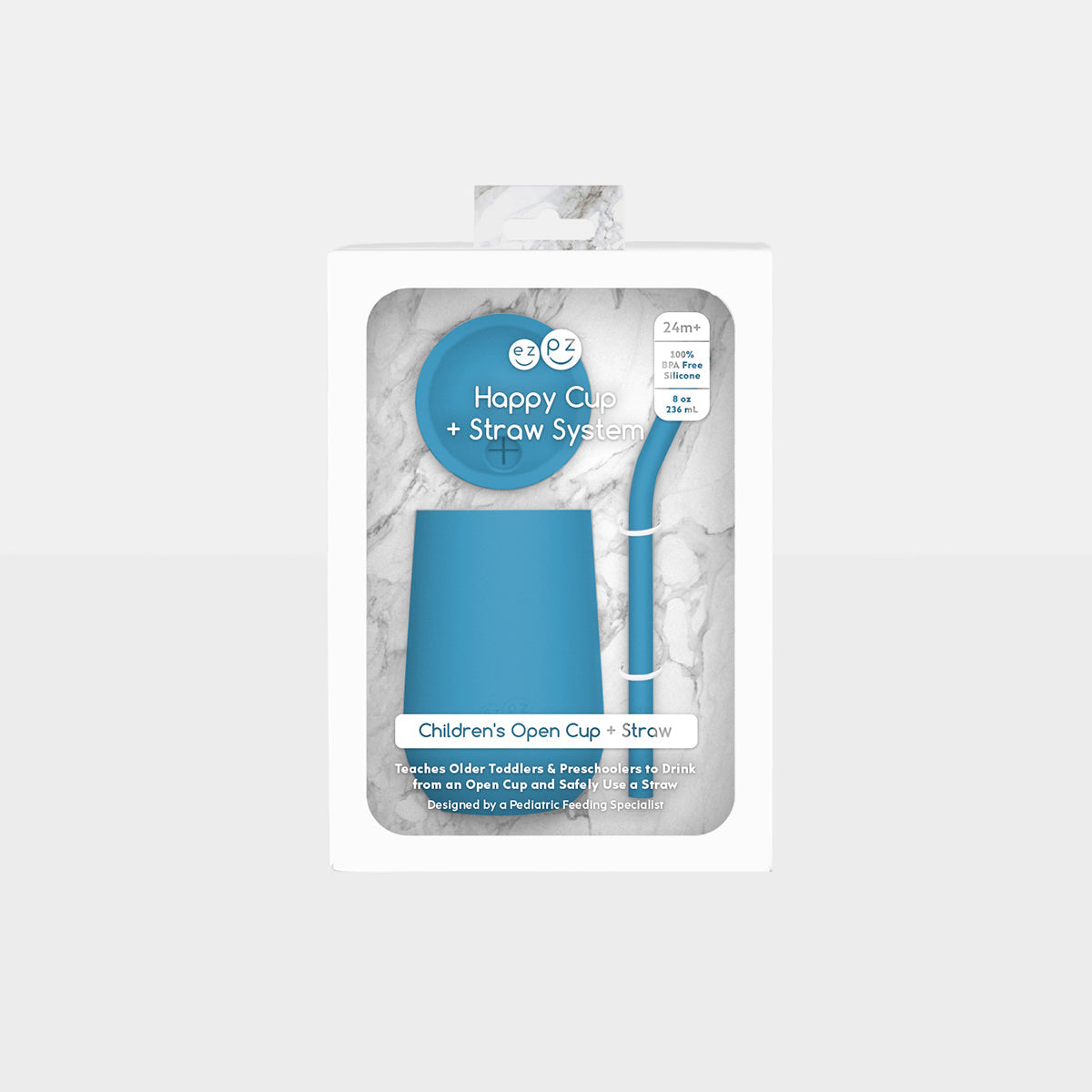 The EZPZ Blue Cup + Straw System for Toddlers in its product packaging.