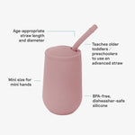 The features of the EZPZ Blush Cup + Straw System for Toddlers.