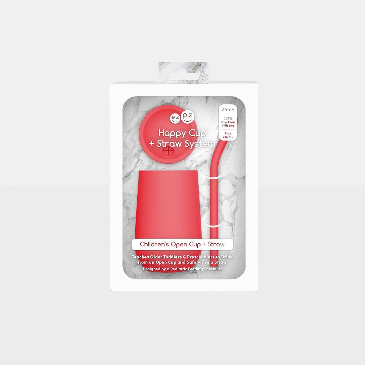 The EZPZ Coral Cup + Straw System for Toddlers in its product packaging.