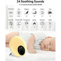 An infographic that states that the White Noise Lamp with Clock provides 24 soothing sounds, and lists an example of 12: white noise, fans, birdsong, ocean, stream, train, music box, summer night, thunder storm, bonfire, pendulum, and lullaby.