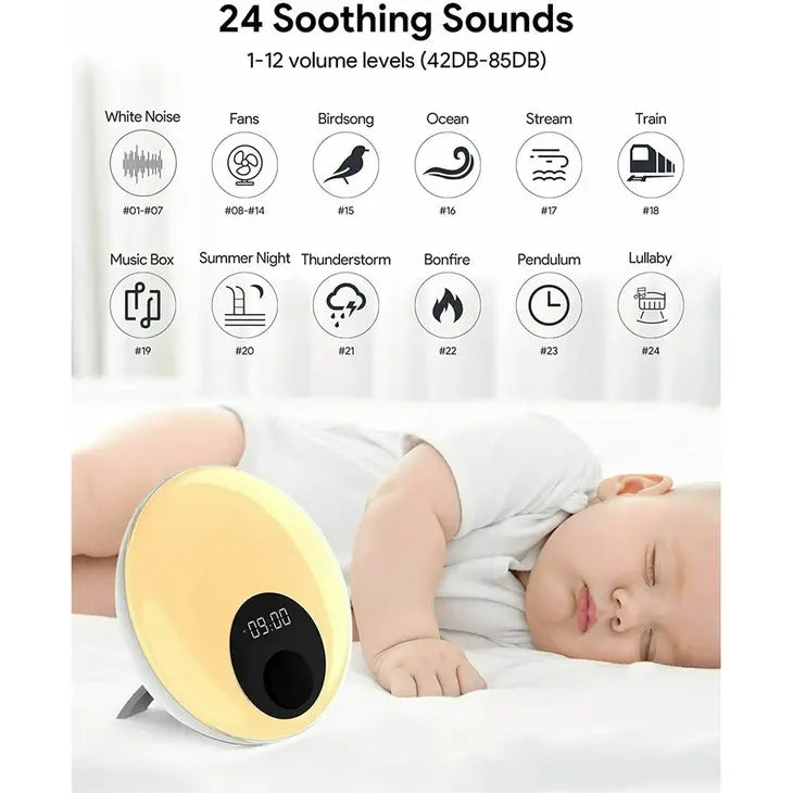An infographic that states that the White Noise Lamp with Clock provides 24 soothing sounds, and lists an example of 12: white noise, fans, birdsong, ocean, stream, train, music box, summer night, thunder storm, bonfire, pendulum, and lullaby.