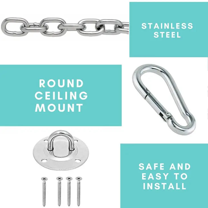 An infographic showing the components of the Round Hammock Chair Indoor Mount Kit.