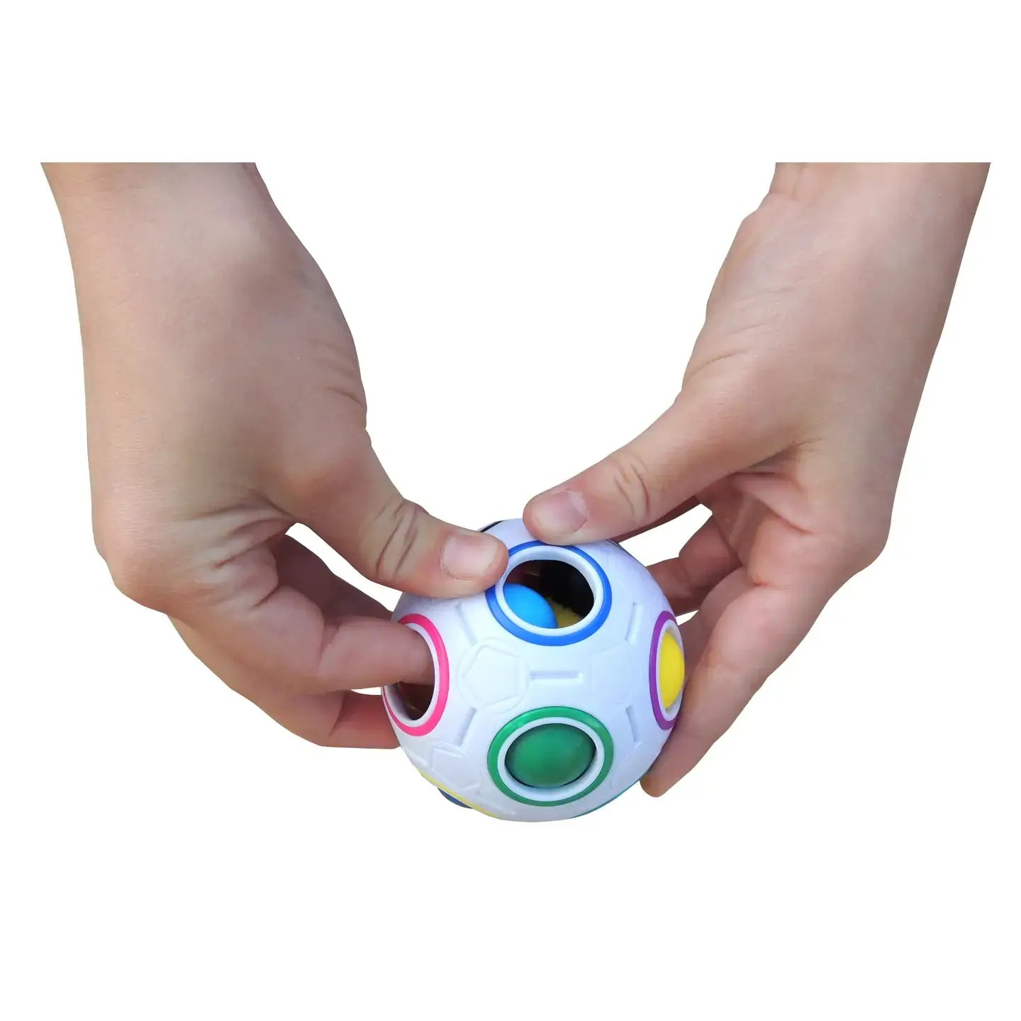 Two hands move the components of the Duncan Color Shift Puzzle Ball.