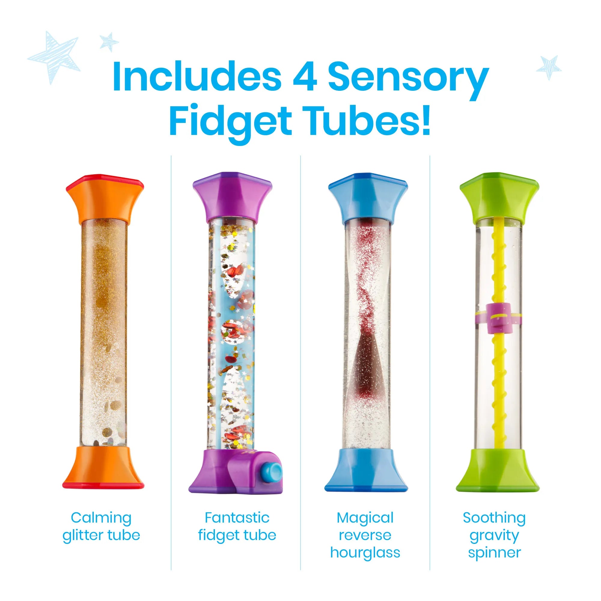 The four Sensory Fidget Tubes: Calming glitter tube, Fantastic fidget tube, Magical reverse hourglass, and the Soothing gravity spinner.