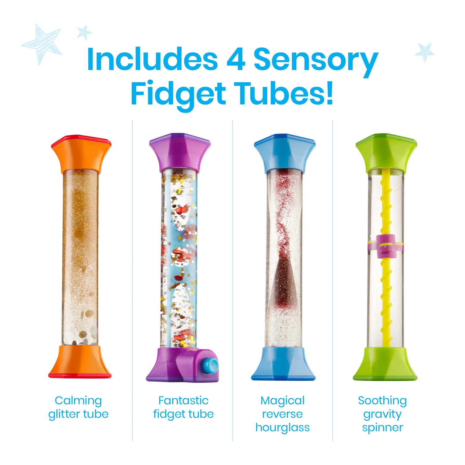 The four Sensory Fidget Tubes: Calming glitter tube, Fantastic fidget tube, Magical reverse hourglass, and the Soothing gravity spinner.