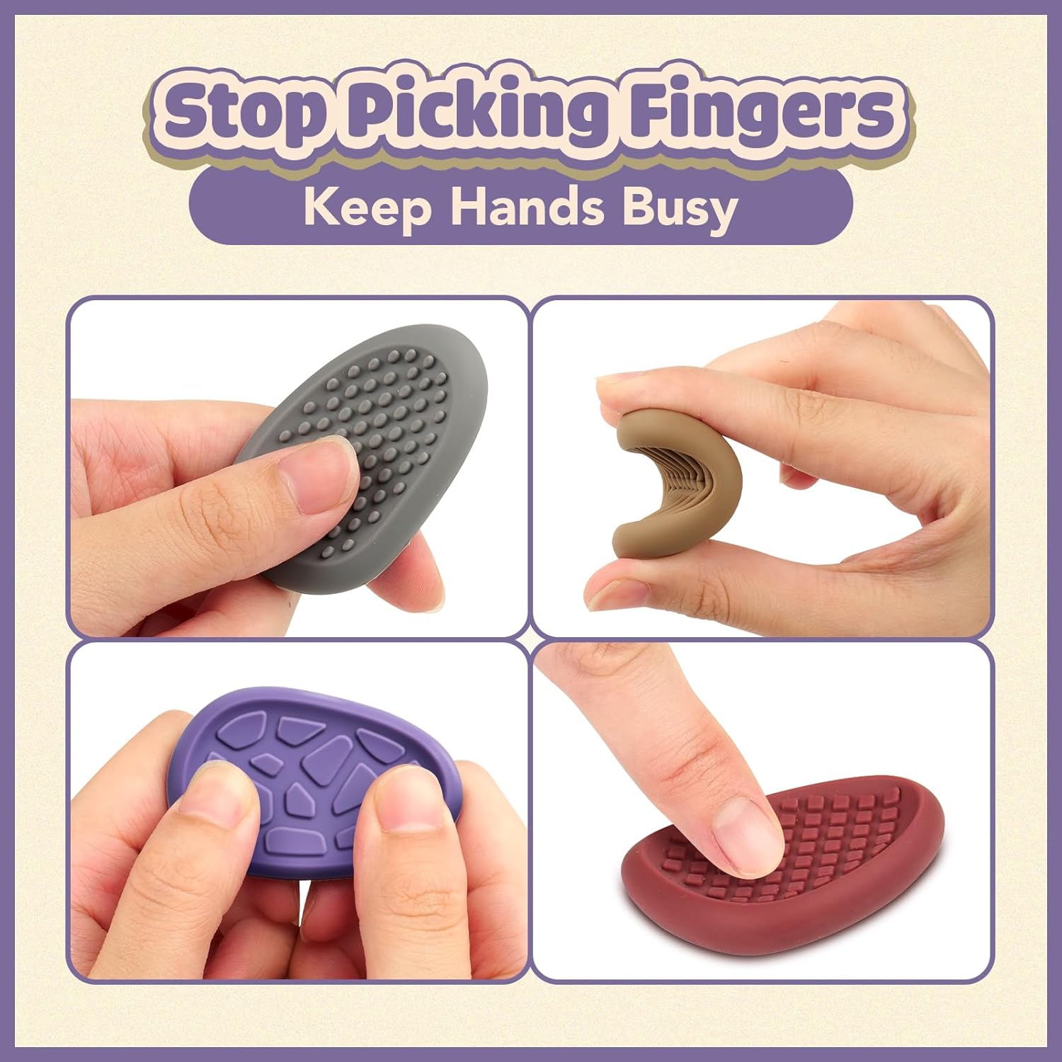 An infographic with an assortment of ways to play with the Silicone Fidget Worry Stones - Earth Colors.
