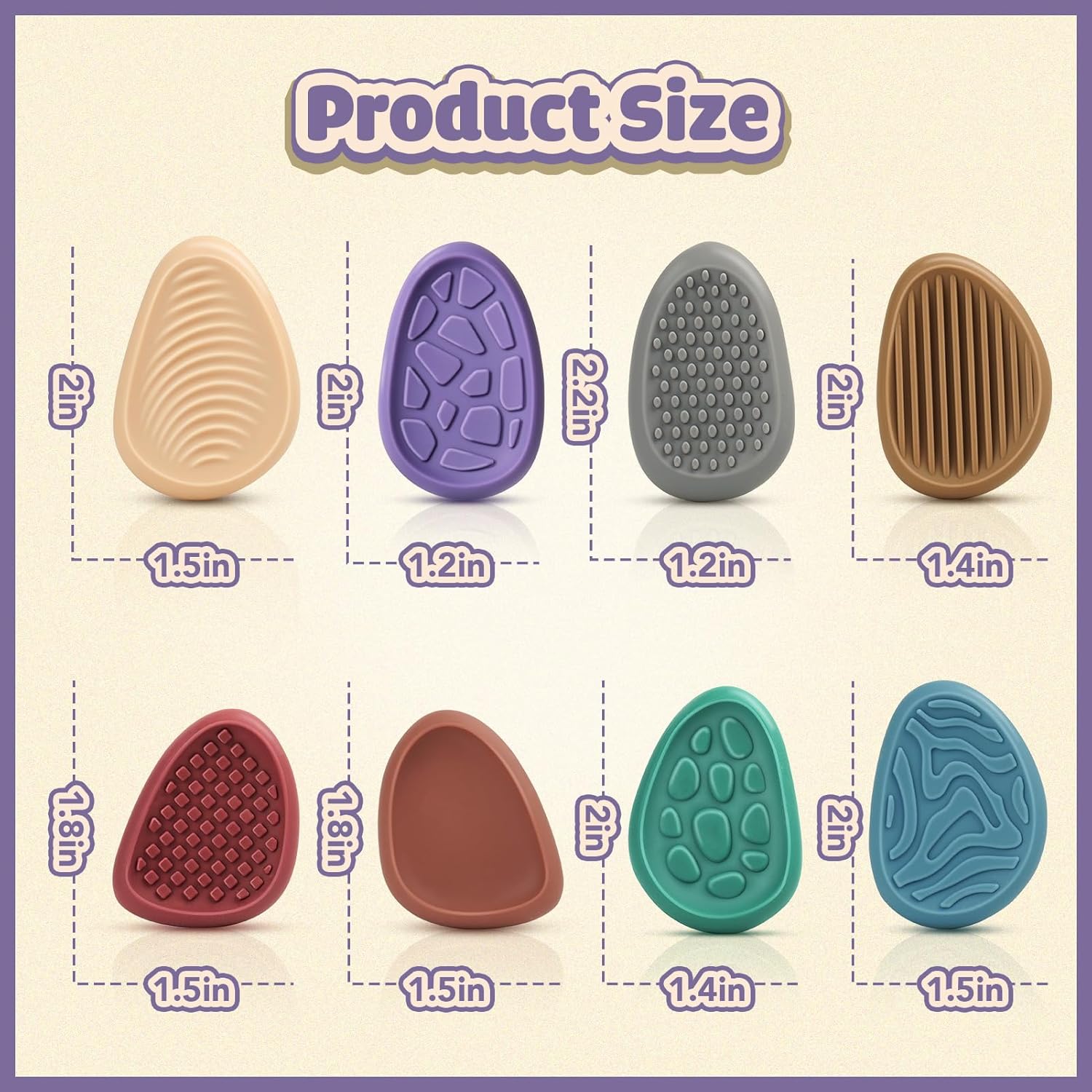 An infographic with the product size of the Silicone Fidget Worry Stones - Earth Colors.
