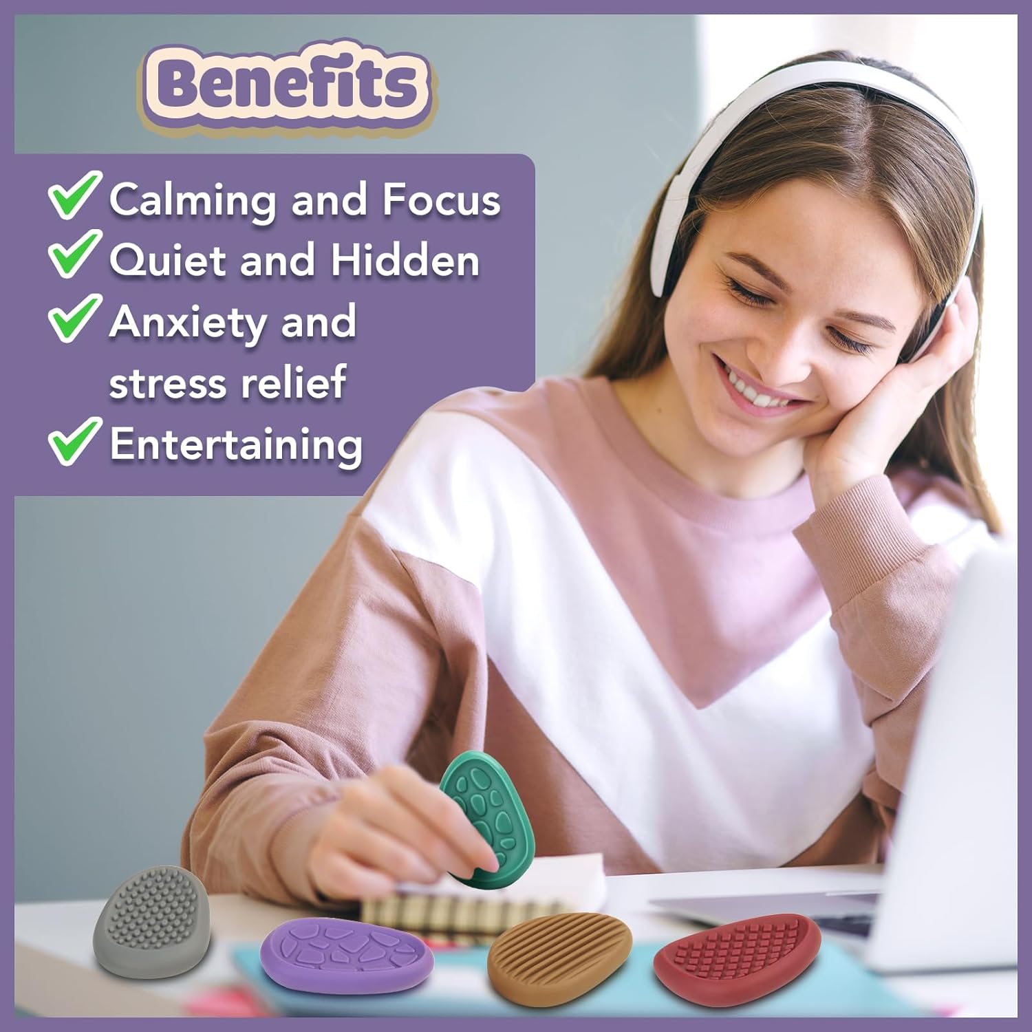 An infographic with some benefits of the Silicone Fidget Worry Stones - Earth Colors.