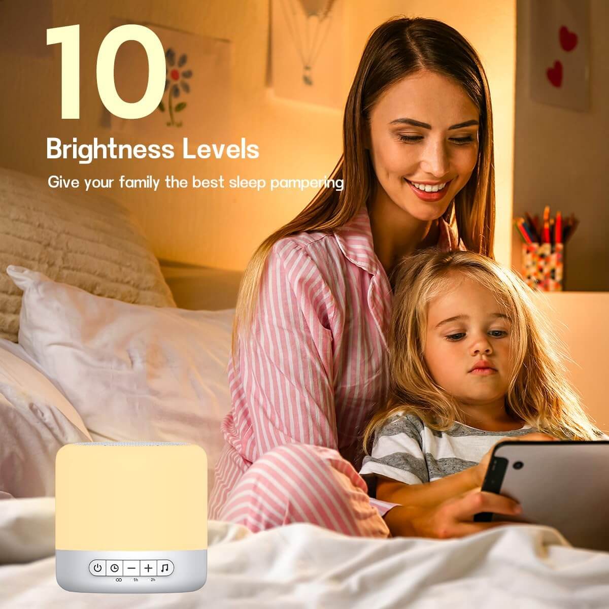 An infographic demonstrating the 10 brightness levels on the Easysleep White Noise Sound Machine.