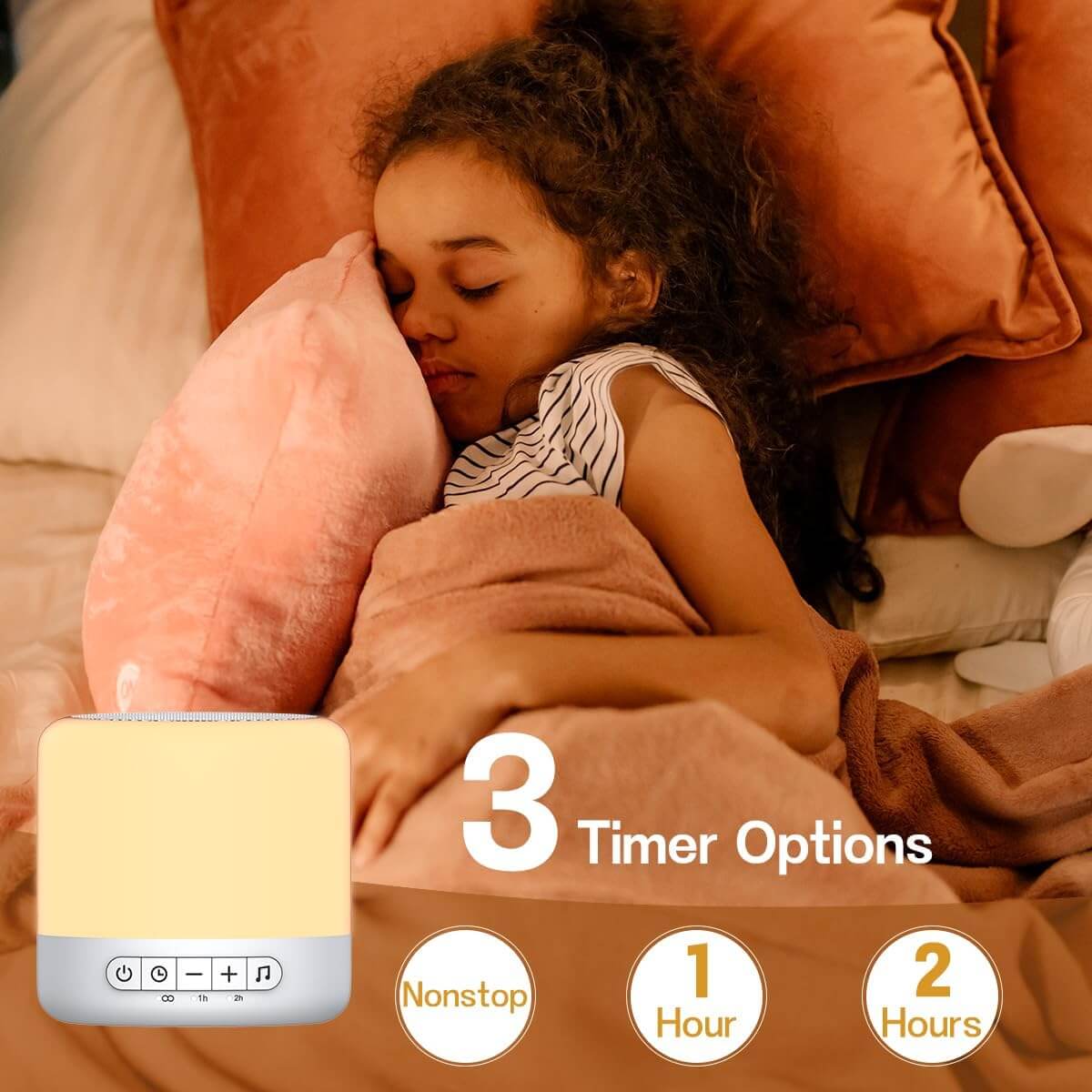 An infographic discussing the 3 timer options of the Easysleep White Noise Sound Machine.