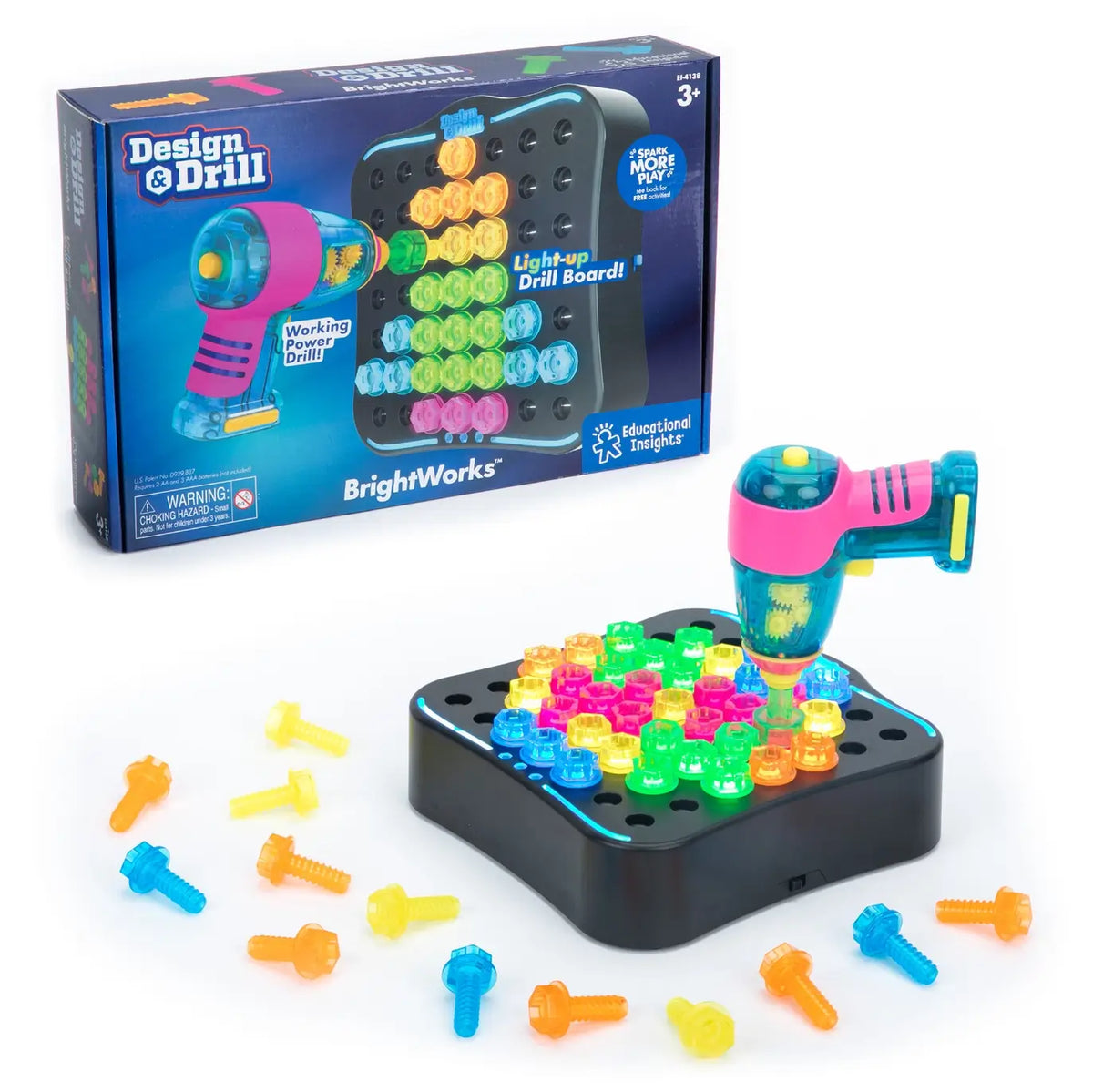 The product box for the Design & Drill BrightWorks STEM Construction Toy behind the Drill and drilling board.