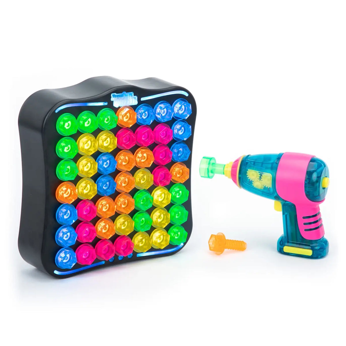 The BrightWorks Drill next to the light-up drilling board filled with the translucent bolts.