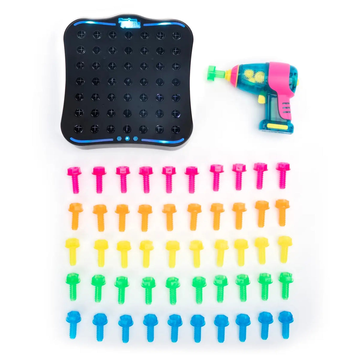The light-up drill board, the drill, and the 50 translucent screws lined up like a rainbow.
