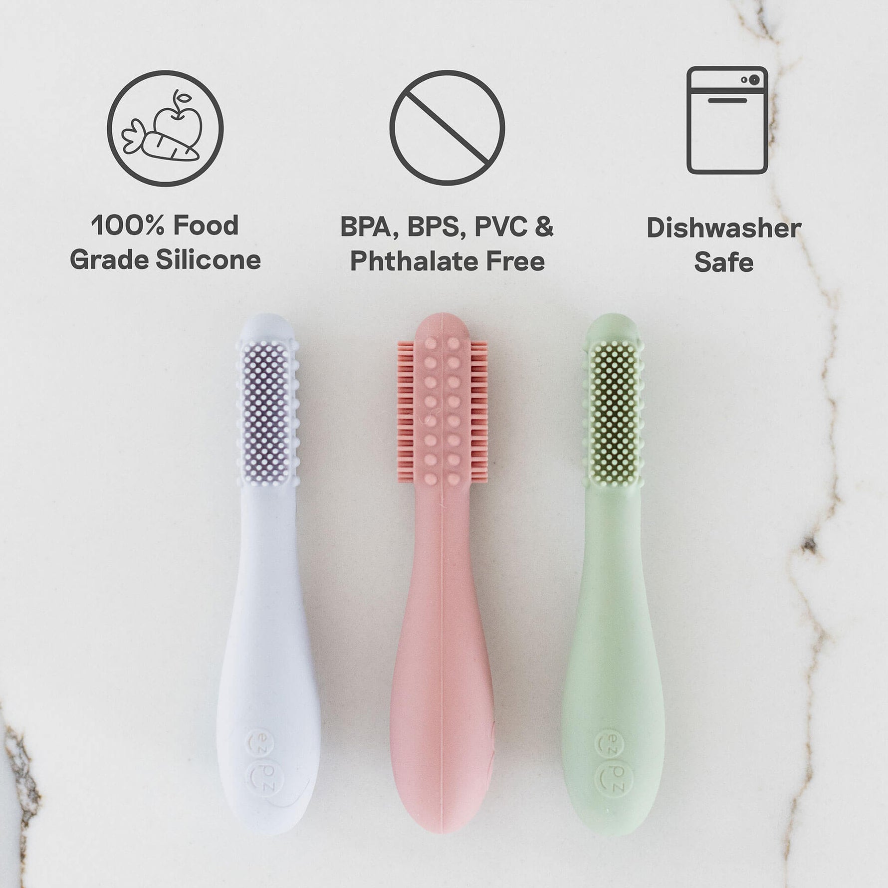 An infographic with details about the ezpz Baby-Led Toothbrush.