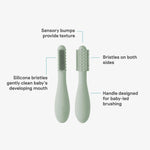 An infographic showing the features of the Sage ezpz Baby-Led Toothbrush.