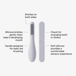 An infographic showing the features of the Pewter Baby-Led Toothbrush and Tongue Depressor Combo by ezpz.