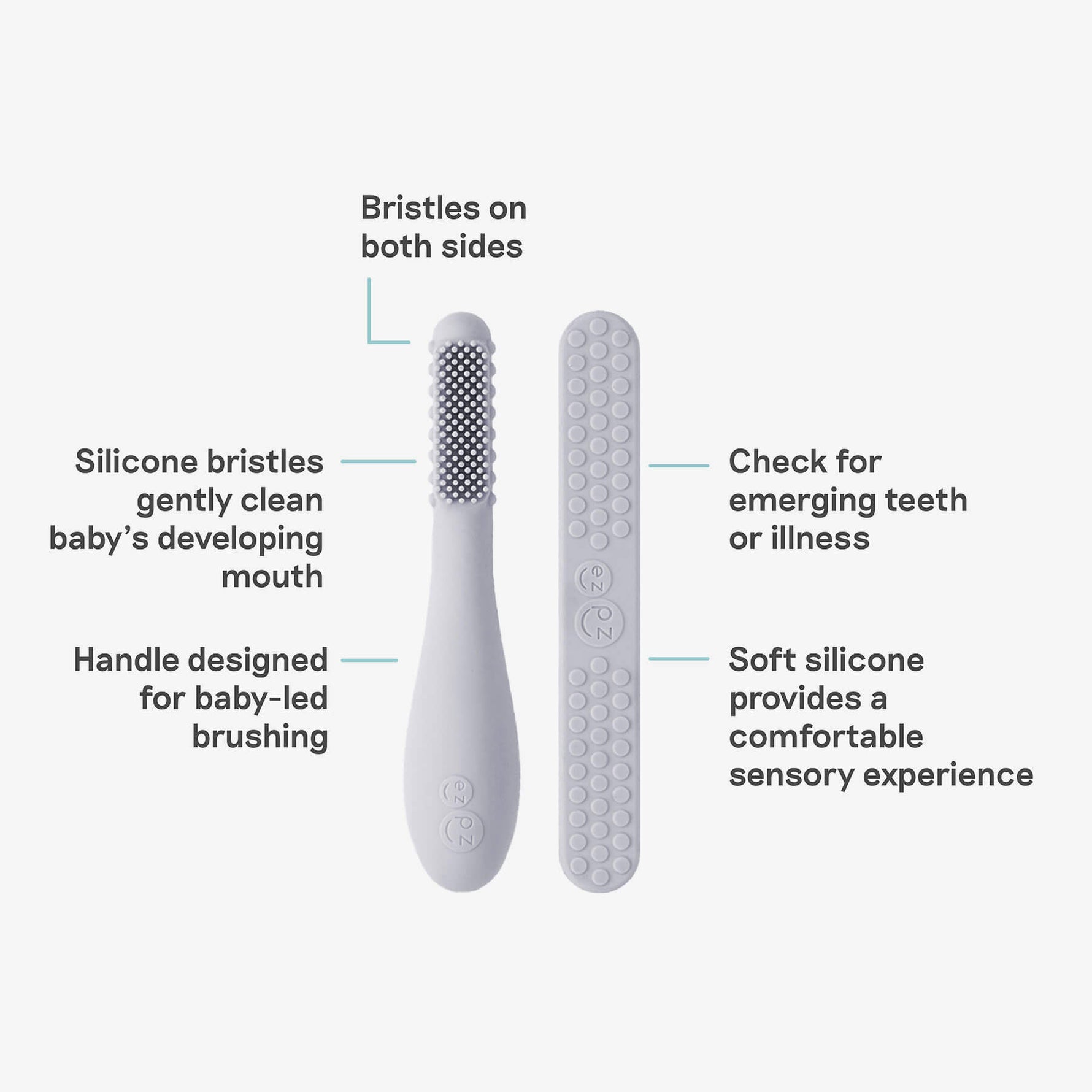 An infographic showing the features of the Pewter Baby-Led Toothbrush and Tongue Depressor Combo by ezpz.