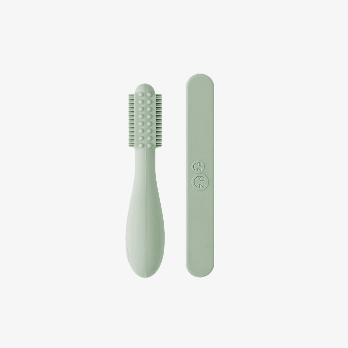 The back of the Sage ezpz Baby-Led Toothbrush and Tongue Depressor Combo.
