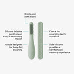 An infographic showing the features of the Sage ezpz Baby-Led Toothbrush and Tongue Depressor Combo.