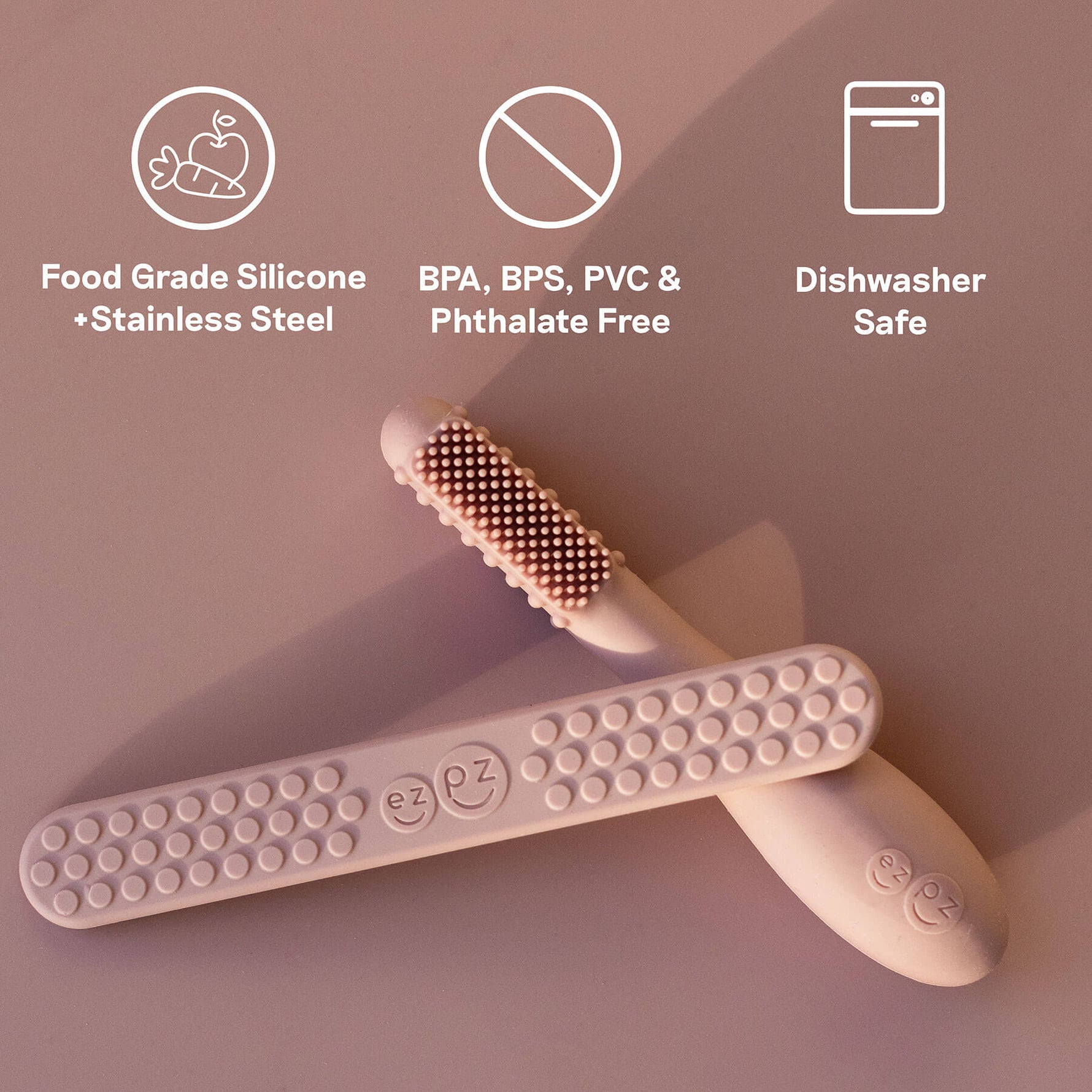An infographic with information about the ezpz Baby-Led Toothbrush and Tongue Depressor Combo.