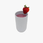 The Pewter cup from the 14 oz Cup + Lid with a purple smoothie and a red strawberry.