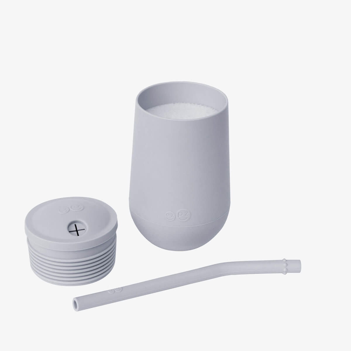 The three different components of the Pewter Happy Cup and Straw System for Toddlers.