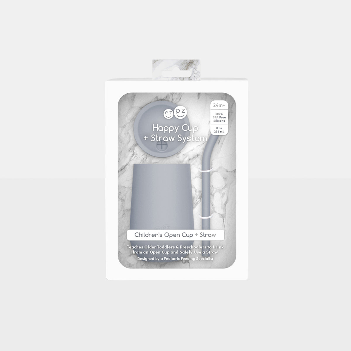 The Pewter Happy Cup and Straw System in its product package.