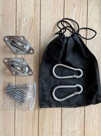 The 12 pieces included in the Hammock Indoor Hanging Kit.