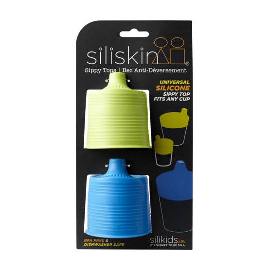 The lime green and blue Stretchy Silicone Lids With Sippy Spout in their packaging.