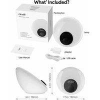 An infographic describing what is included in the White Noise Lamp with Clock, and showing the dimensions.
