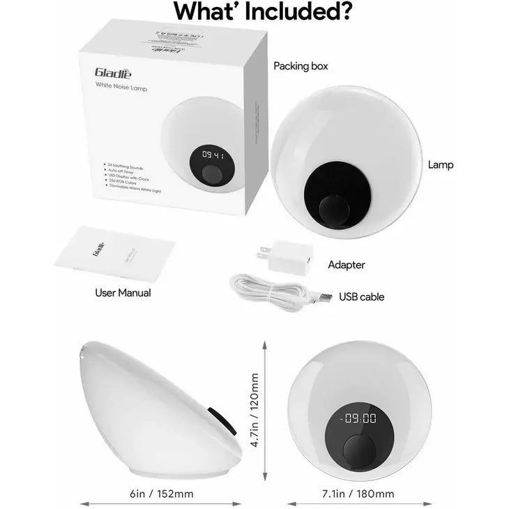 An infographic describing what is included in the White Noise Lamp with Clock, and showing the dimensions.
