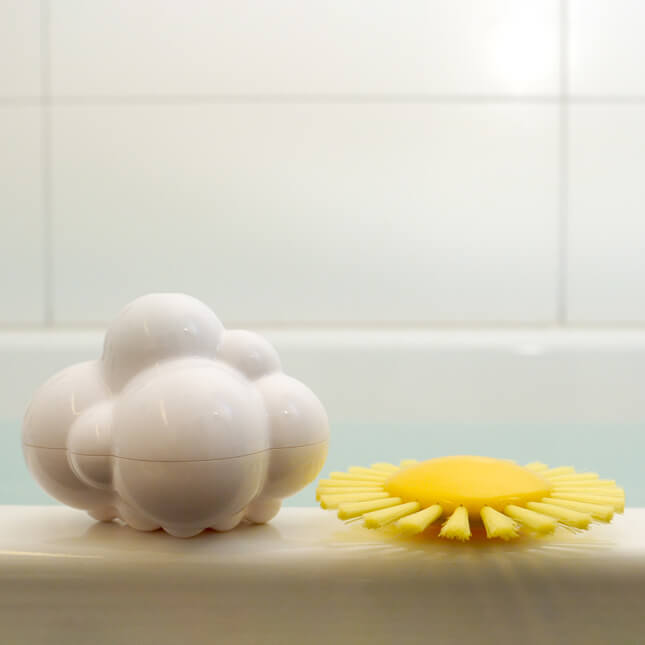 The Plui Weather Set perched on a bathtub.