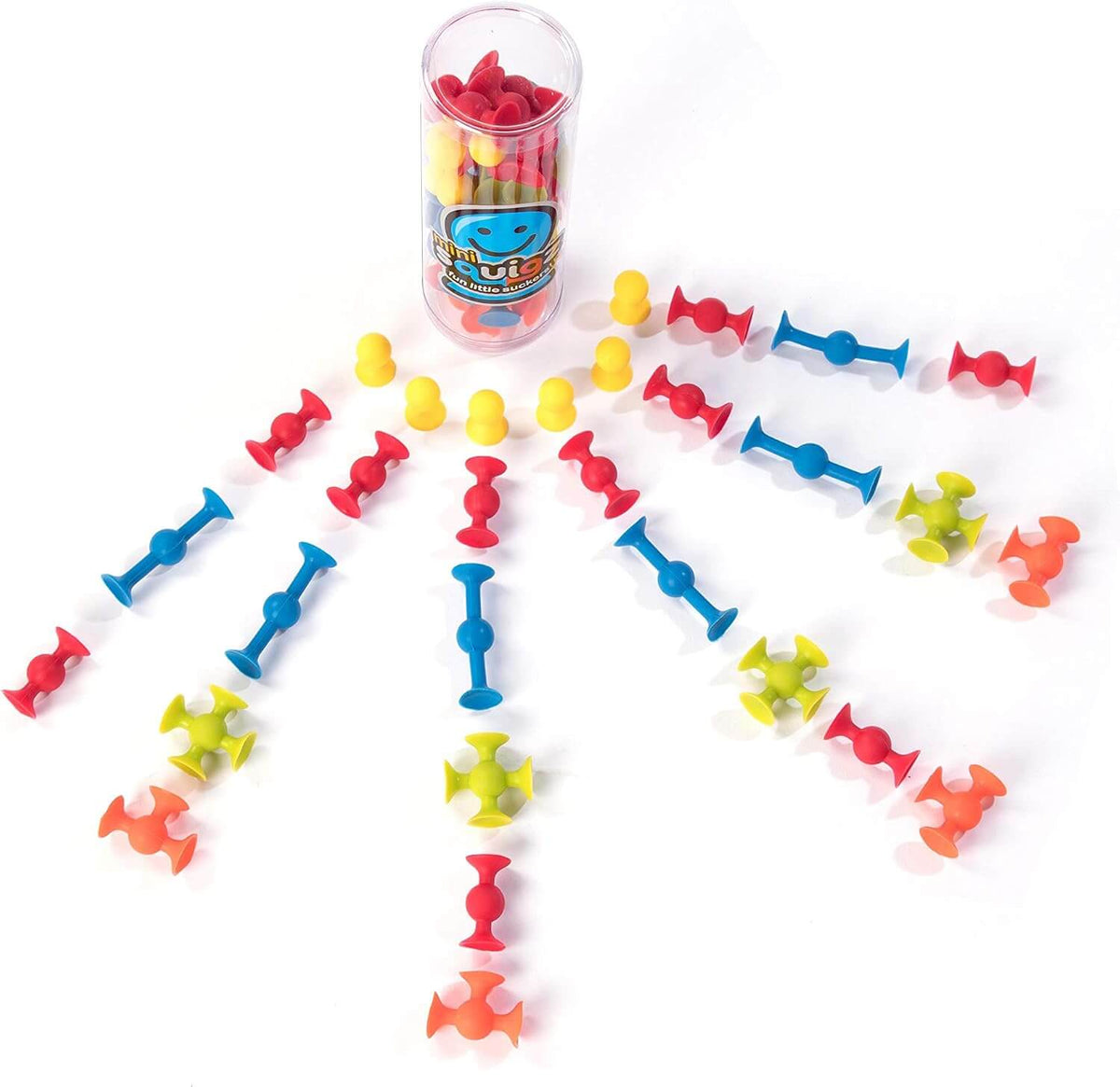 The Mini Squigz 30-Piece Set Suction Construction Toy with pieces spread out over a white surface.