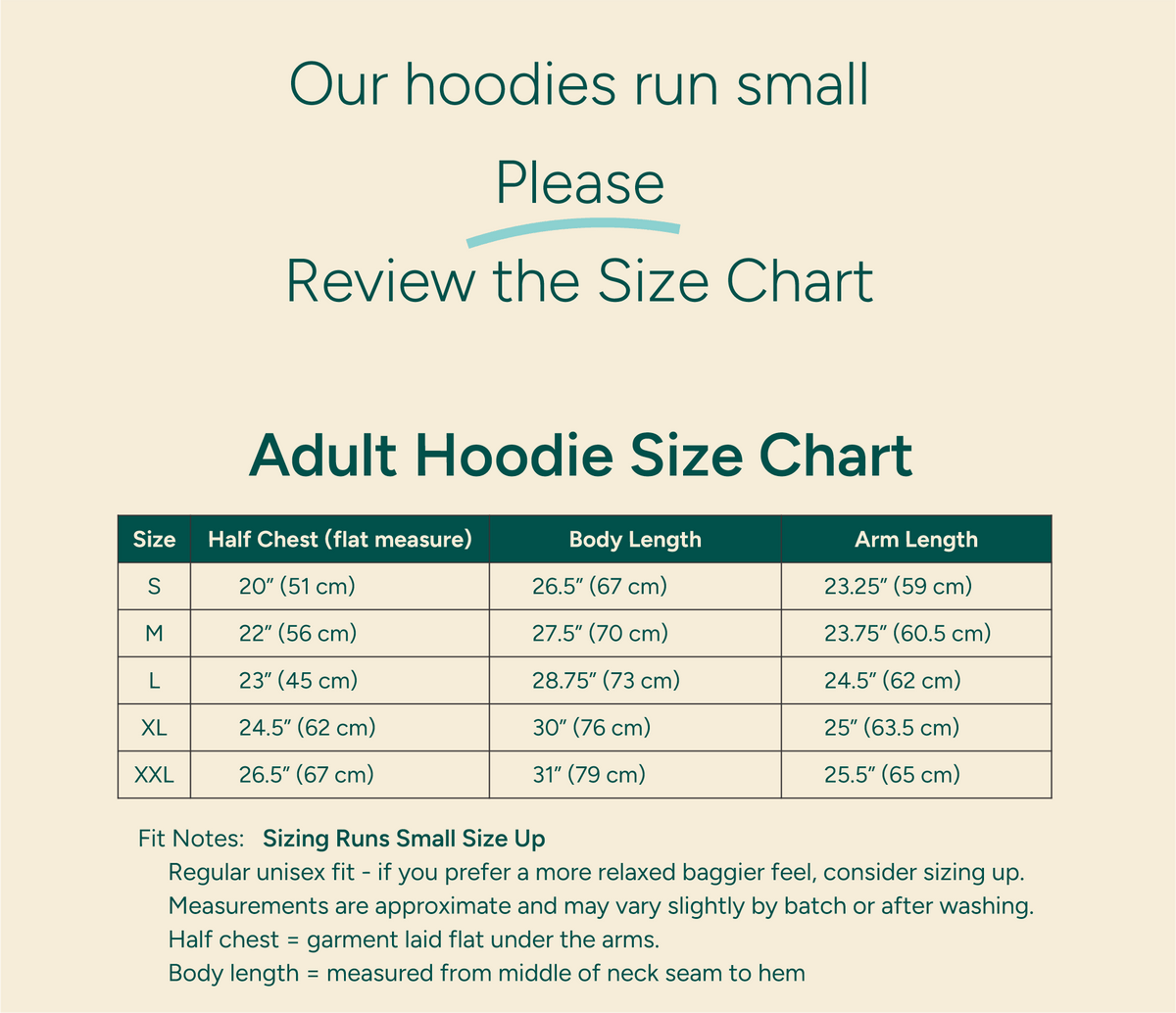 The Fidget Wear LLC Adult Hoodie Size Chart.