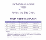 The Fidget Wear LLC Youth Hoodie Size Chart.