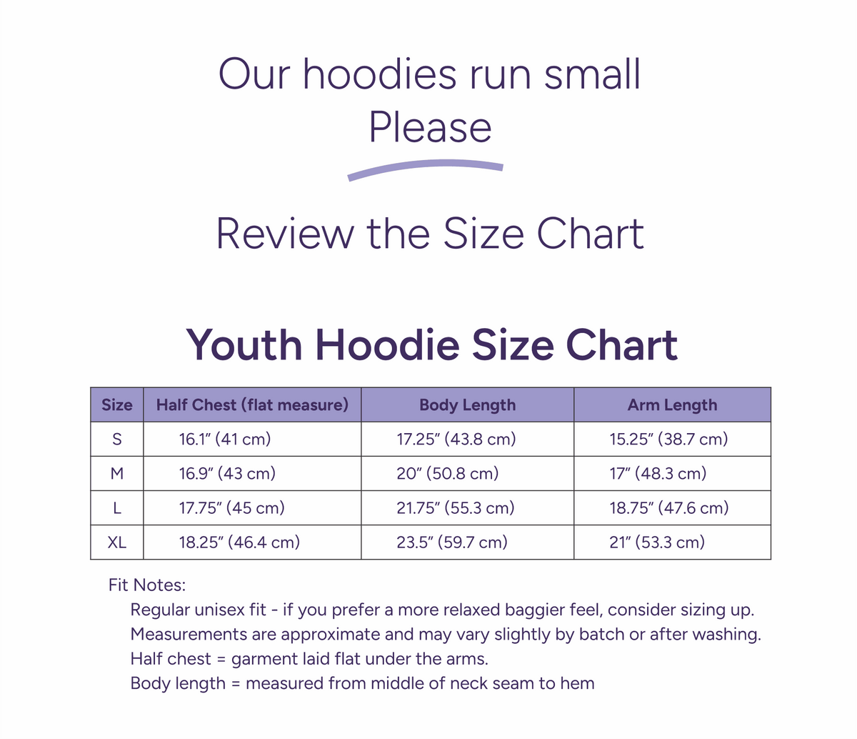 The Fidget Wear LLC Youth Hoodie Size Chart.