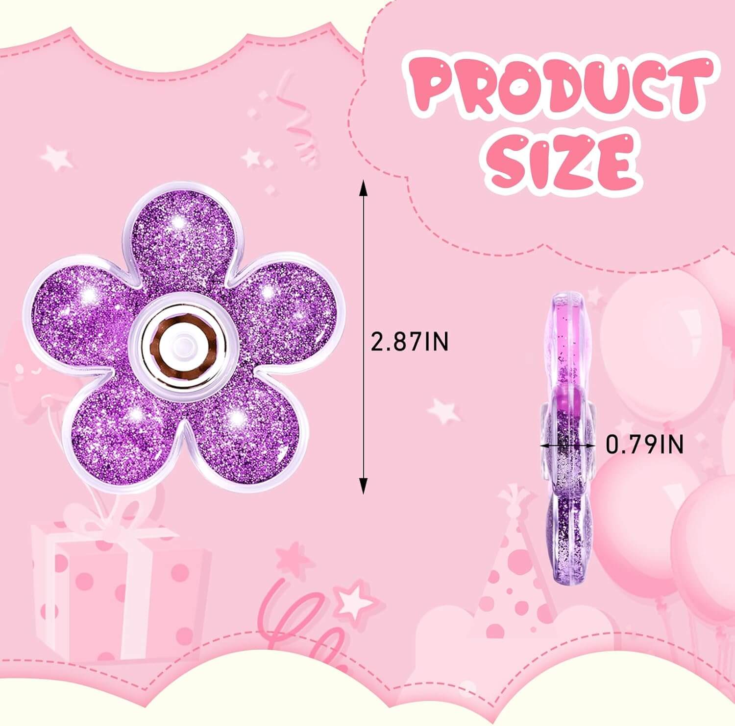 An infographic with the product dimensions of the Flower Flitter Fidget Spinner.