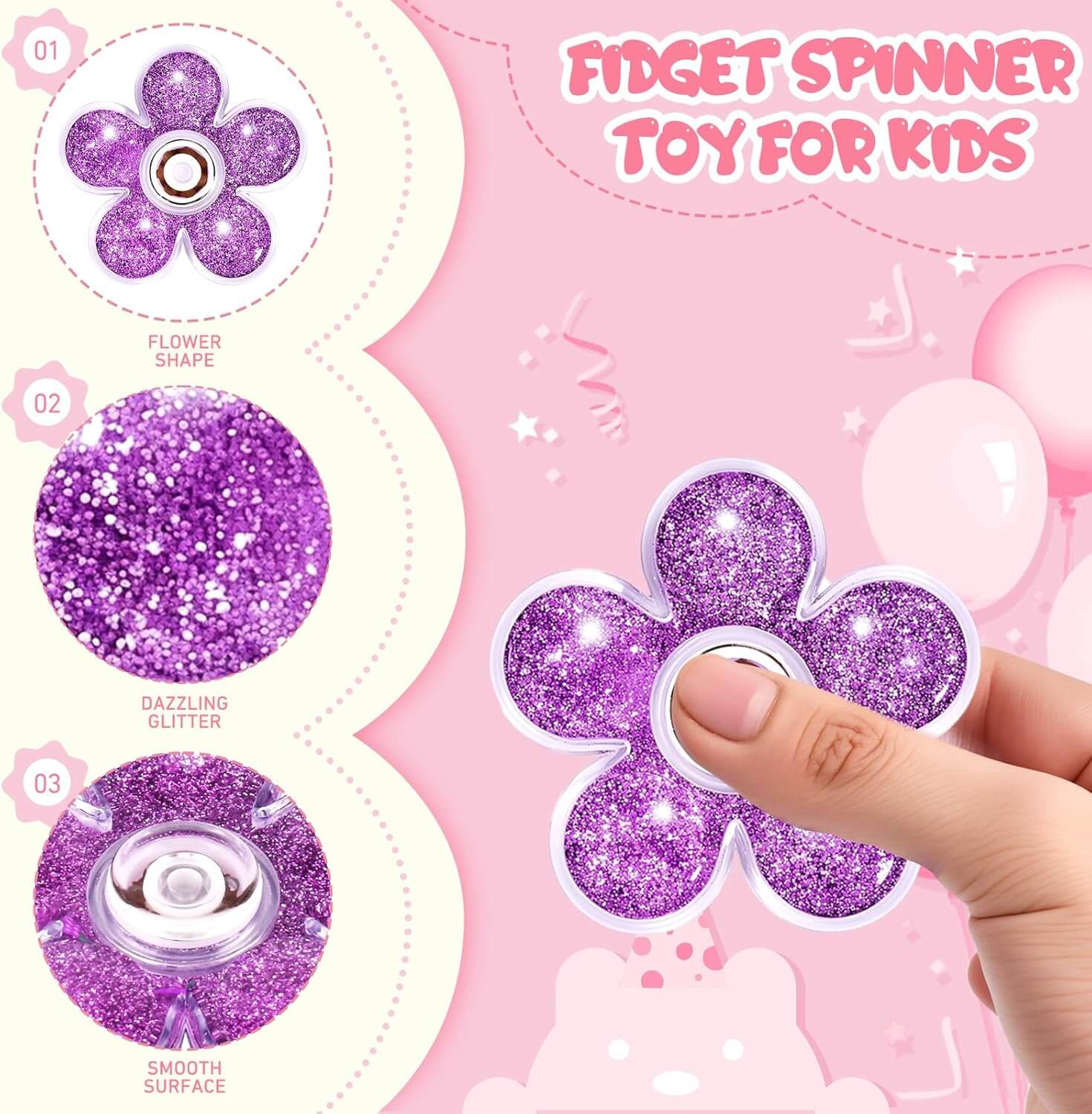 A hand holds the shiny purple Flower Glitter Fidget Spinner.