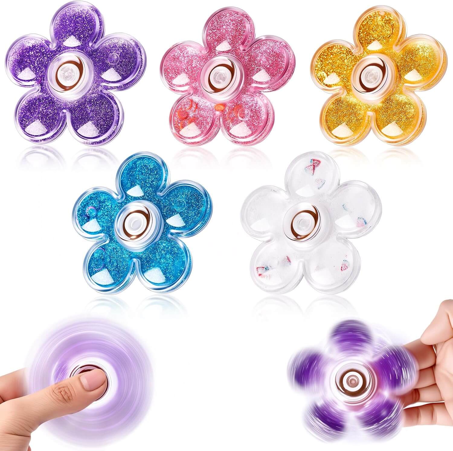 The five colors of Flower Glitter Fidget Spinners.