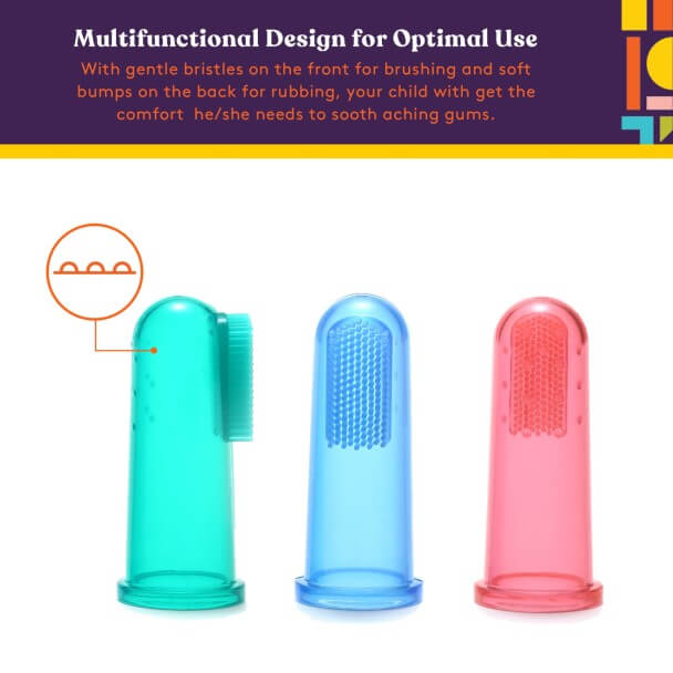 An infographic that says: Multifunctional design for optimal use. With gentle bristles on the front for brushing and soft bumps on the back for rubbing, your child will get the comfort they need to shooth aching gums.