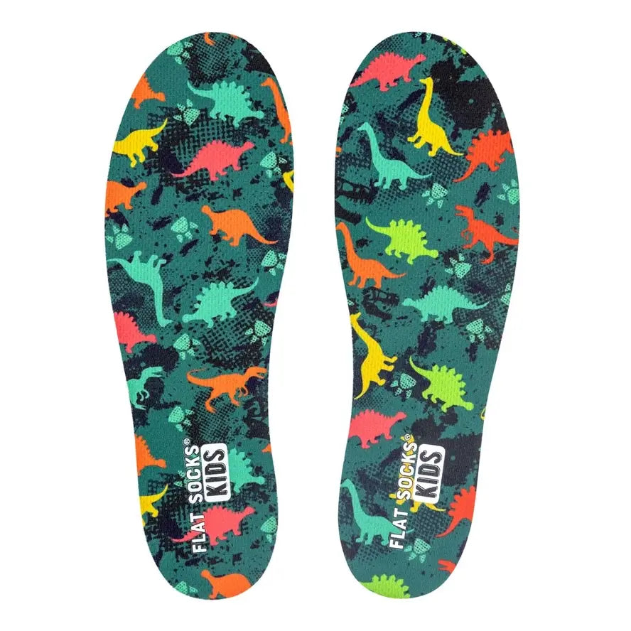 The multi-color dino design on the Dino Kids Flat Socks.