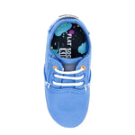 An aerial view of the Kids Paint Splatter Flat Sock in a blue toddler shoe.