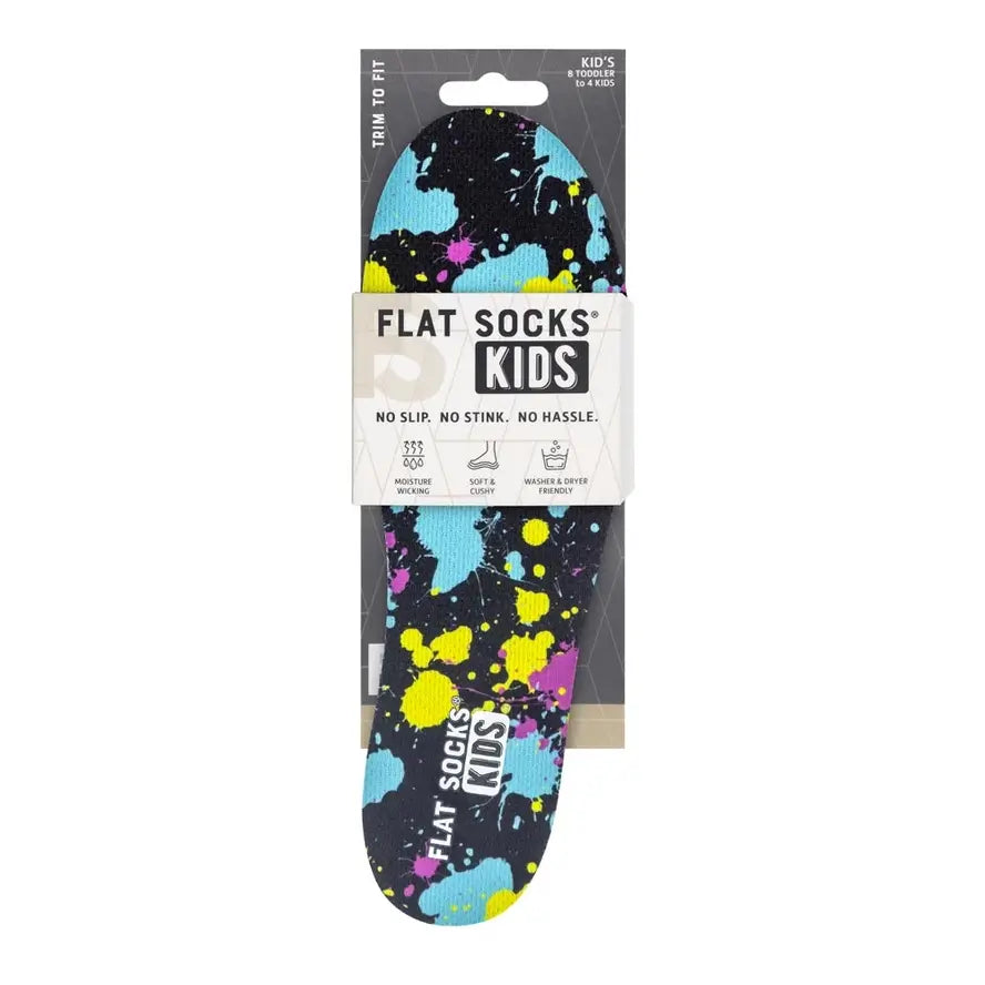 A pair of Paint Splatter Kids Flat Socks are displayed in their packaging.