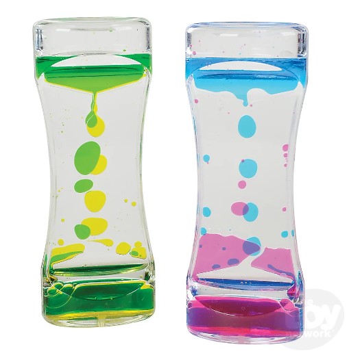 Two Floating Color Timers with different color themes let their two different colors of globules fall from the top of the timer to the bottom.
