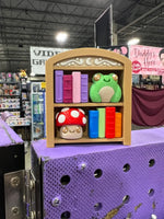 Frog and Mushroom Bookshelf 2x2 Fidget Clicker Keychain.
