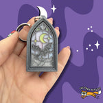 Gothic Stained Glass Dragon and Moon Fidget Clicker Keychain.