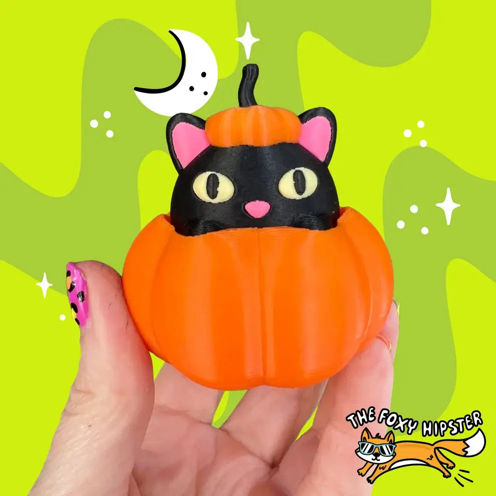 Peek-a-Boo Pumpkin Cat Fidget Clicker Keychain.