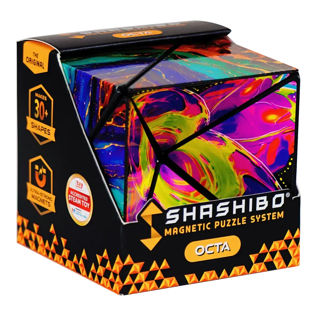 The Shashibo Octa Magnetic Puzzle in its product packaging.